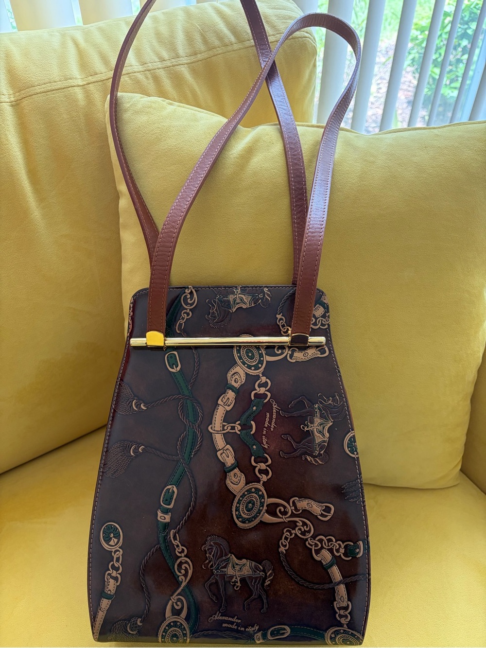 Brown Printed Leather Shoulder Bag with Gold Accent
